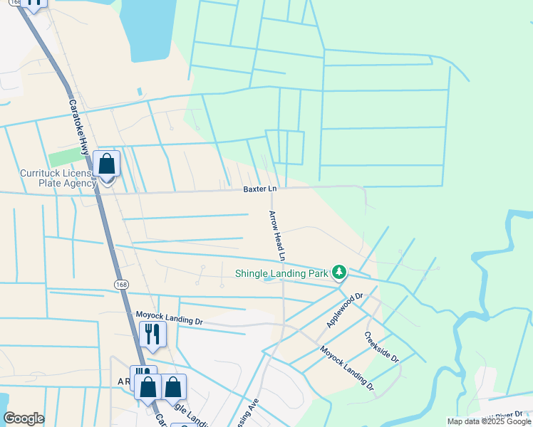 map of restaurants, bars, coffee shops, grocery stores, and more near 104 Arrow Head Lane in Moyock