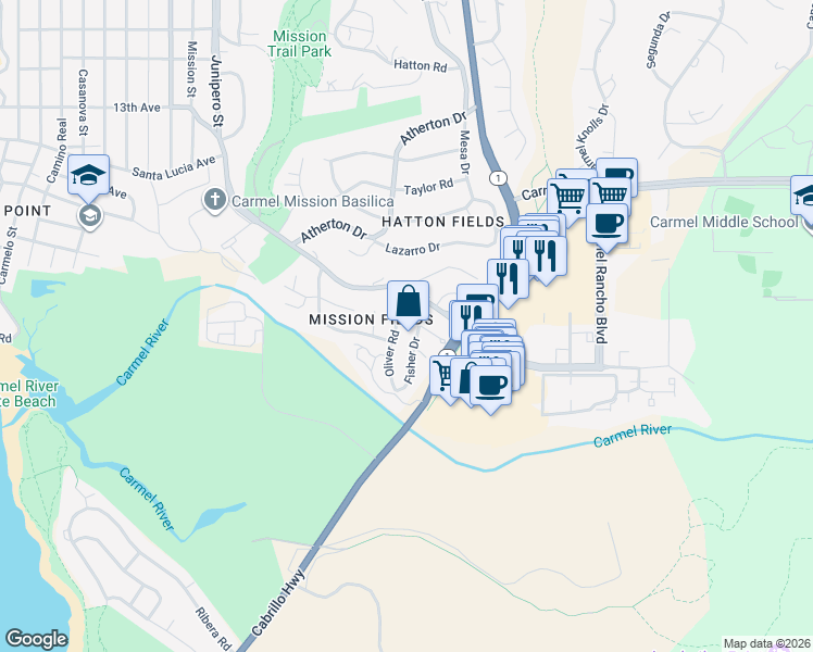 map of restaurants, bars, coffee shops, grocery stores, and more near 3451 Fisher Place in Carmel-by-the-Sea