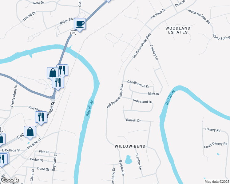 map of restaurants, bars, coffee shops, grocery stores, and more near 1604 Old Russellville Pike in Clarksville