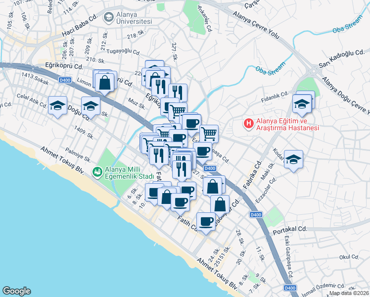 map of restaurants, bars, coffee shops, grocery stores, and more near 23 Mersin - Antalya Yolu in Alanya