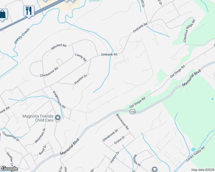 map of restaurants, bars, coffee shops, grocery stores, and more near 4538 Brookridge Drive in Kingsport
