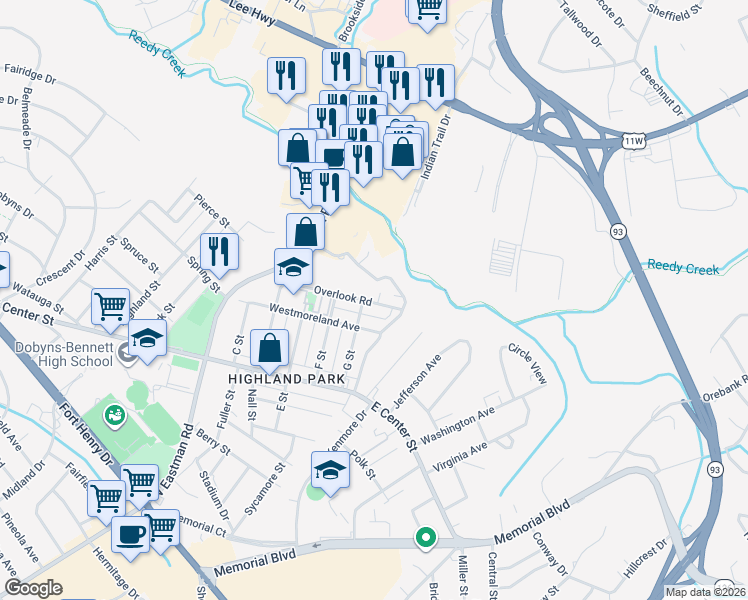 map of restaurants, bars, coffee shops, grocery stores, and more near 2504 Overlook Road in Kingsport