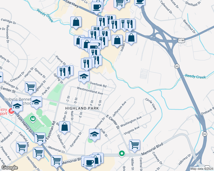 map of restaurants, bars, coffee shops, grocery stores, and more near 2504 Overlook Road in Kingsport