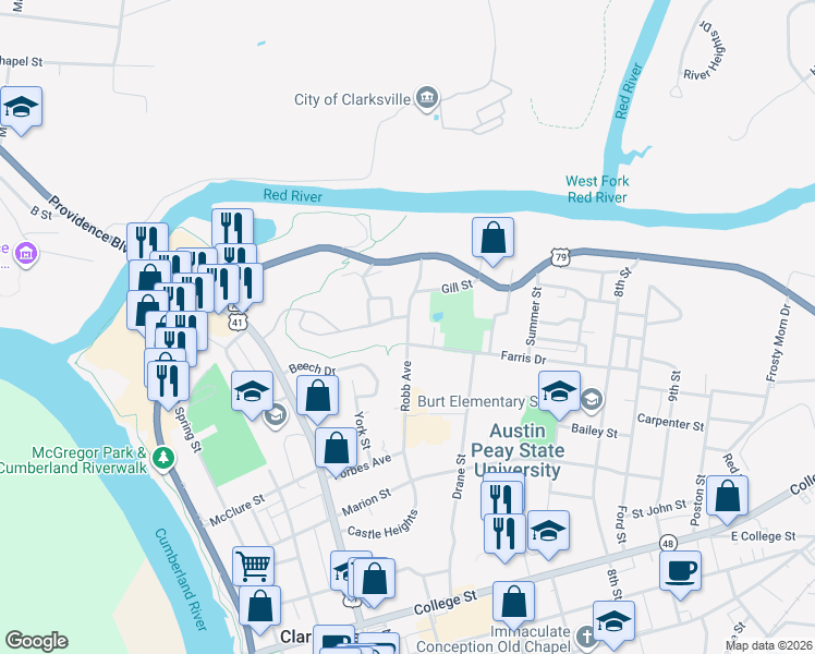map of restaurants, bars, coffee shops, grocery stores, and more near 756 Robb Avenue in Clarksville