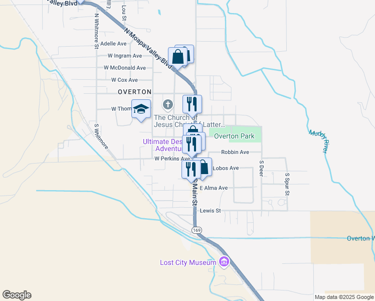map of restaurants, bars, coffee shops, grocery stores, and more near 207 South Moapa Valley Boulevard in Moapa Valley