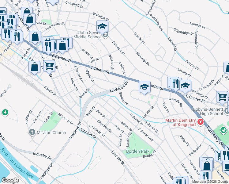 map of restaurants, bars, coffee shops, grocery stores, and more near 1109 North Wilcox Drive in Kingsport