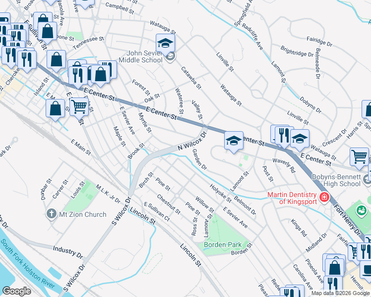 map of restaurants, bars, coffee shops, grocery stores, and more near 1109 North Wilcox Drive in Kingsport
