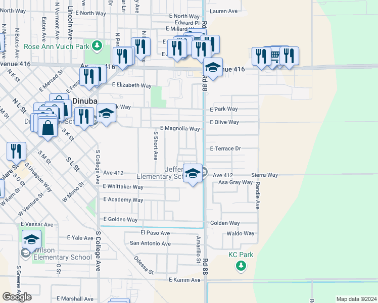 map of restaurants, bars, coffee shops, grocery stores, and more near 1547 East Marion Way in Dinuba