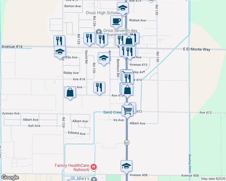 map of restaurants, bars, coffee shops, grocery stores, and more near 41334 Road 127 in Orosi