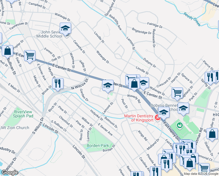 map of restaurants, bars, coffee shops, grocery stores, and more near 1378 Waverly Road in Kingsport