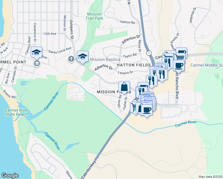 map of restaurants, bars, coffee shops, grocery stores, and more near 3341 Sycamore Place in Carmel-by-the-Sea