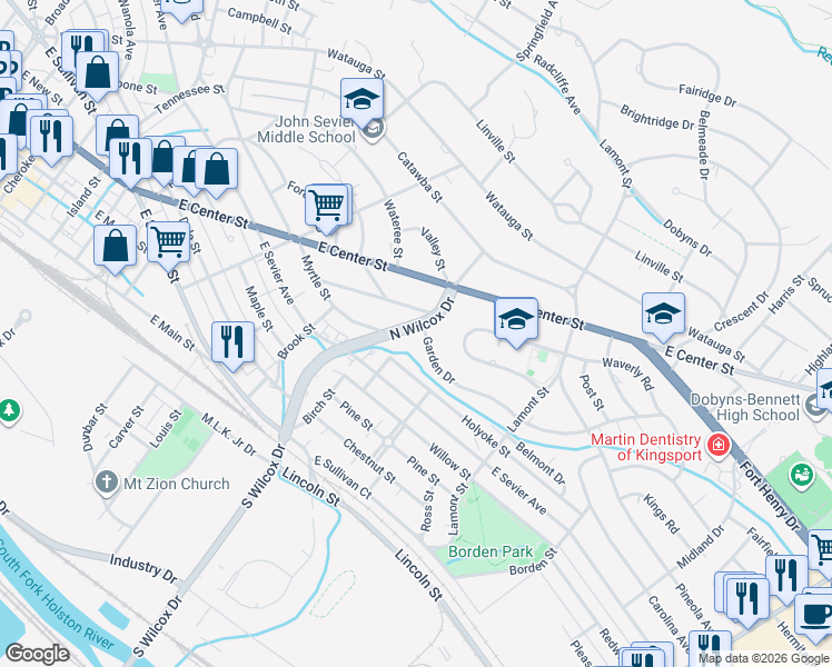 map of restaurants, bars, coffee shops, grocery stores, and more near 1109 North Wilcox Drive in Kingsport
