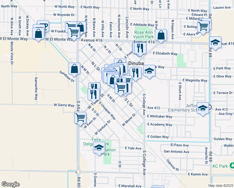 map of restaurants, bars, coffee shops, grocery stores, and more near 181 South L Street in Dinuba