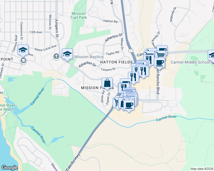 map of restaurants, bars, coffee shops, grocery stores, and more near 3451 Fisher Place in Carmel-by-the-Sea