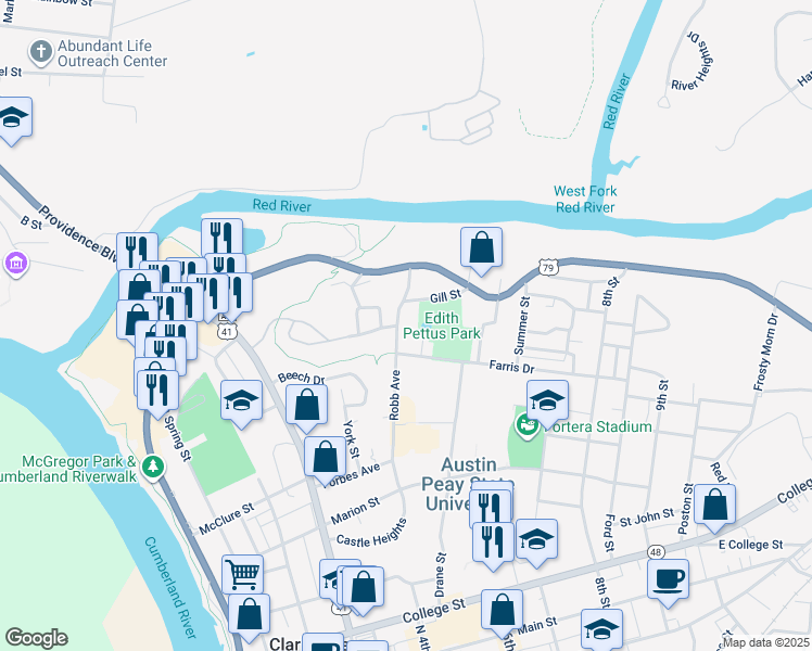 map of restaurants, bars, coffee shops, grocery stores, and more near 765 Robb Avenue in Clarksville