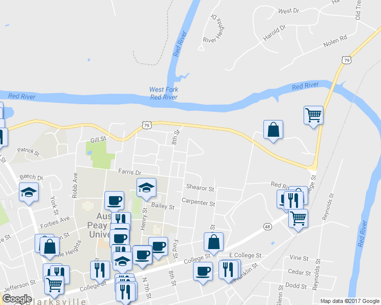 map of restaurants, bars, coffee shops, grocery stores, and more near 903 Roman Street in Clarksville