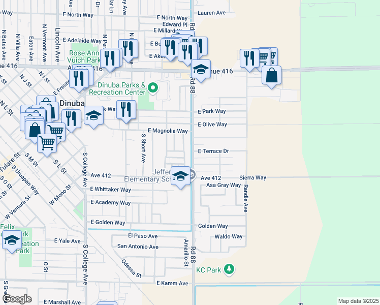 map of restaurants, bars, coffee shops, grocery stores, and more near 762 S Milsap Ave in Dinuba