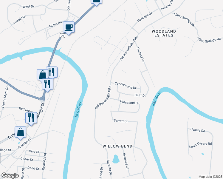 map of restaurants, bars, coffee shops, grocery stores, and more near 1604 Old Russellville Pike in Clarksville