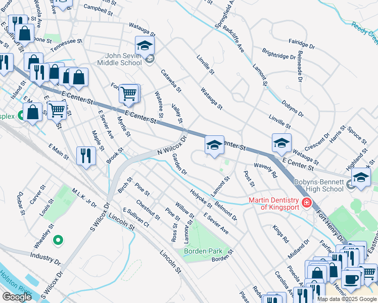map of restaurants, bars, coffee shops, grocery stores, and more near 1228 Morningside Circle in Kingsport