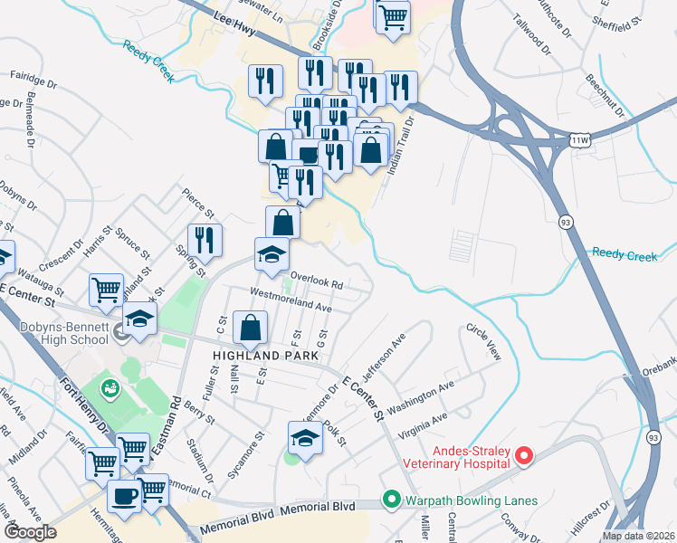 map of restaurants, bars, coffee shops, grocery stores, and more near 2504 Overlook Road in Kingsport