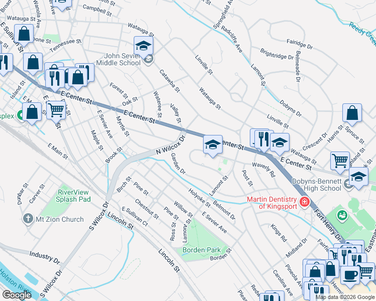 map of restaurants, bars, coffee shops, grocery stores, and more near 1228 Morningside Circle in Kingsport