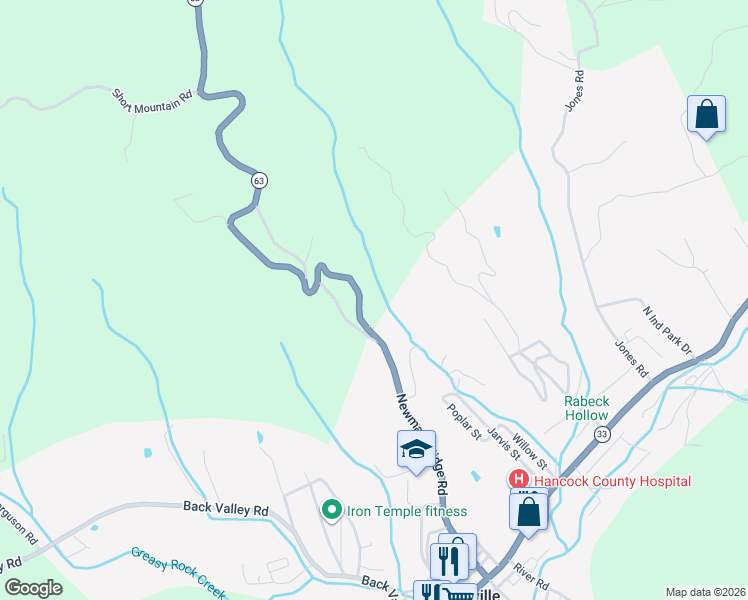 map of restaurants, bars, coffee shops, grocery stores, and more near Collins Road in Sneedville