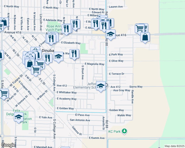 map of restaurants, bars, coffee shops, grocery stores, and more near 757 South Myrtle Avenue in Dinuba