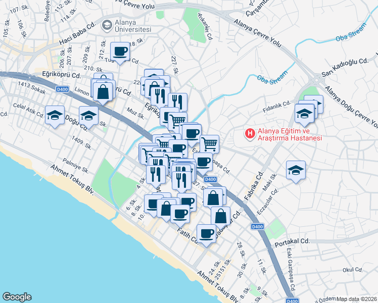 map of restaurants, bars, coffee shops, grocery stores, and more near 3-10 Yeni Küme Evleri Sokak in Alanya