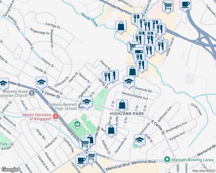 map of restaurants, bars, coffee shops, grocery stores, and more near 1700 North Eastman Road in Kingsport