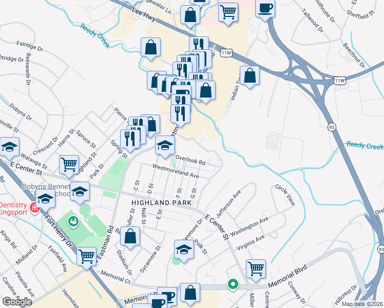 map of restaurants, bars, coffee shops, grocery stores, and more near 2320 Overlook Road in Kingsport