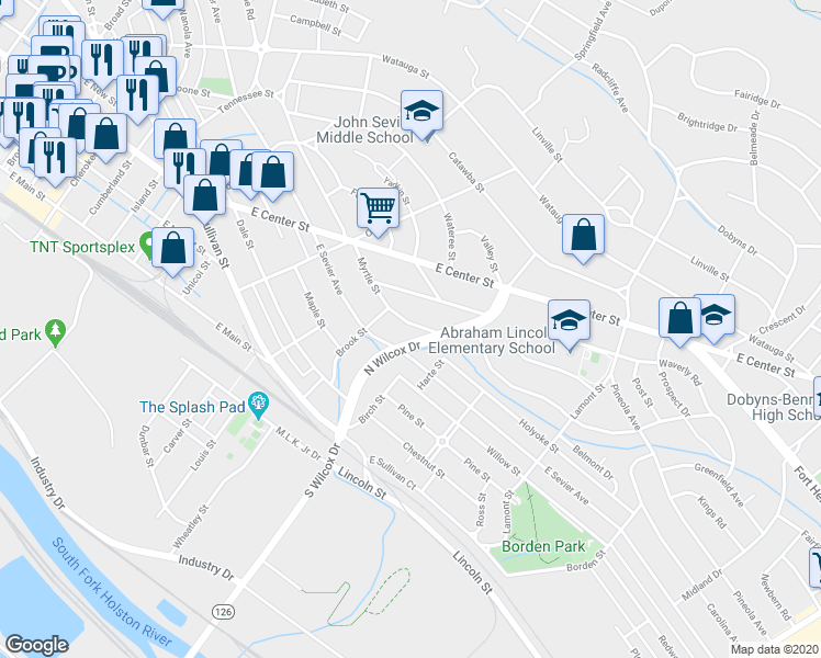 map of restaurants, bars, coffee shops, grocery stores, and more near 1124 Myrtle Street in Kingsport