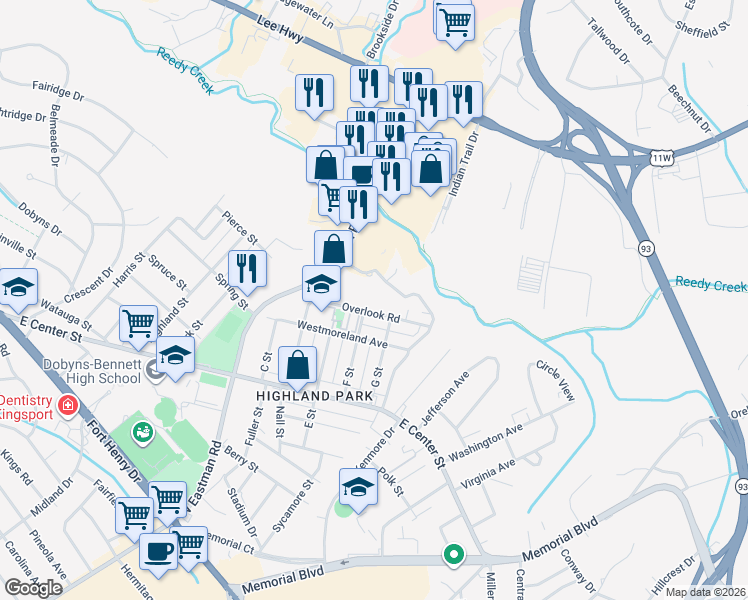 map of restaurants, bars, coffee shops, grocery stores, and more near 2320 Overlook Road in Kingsport