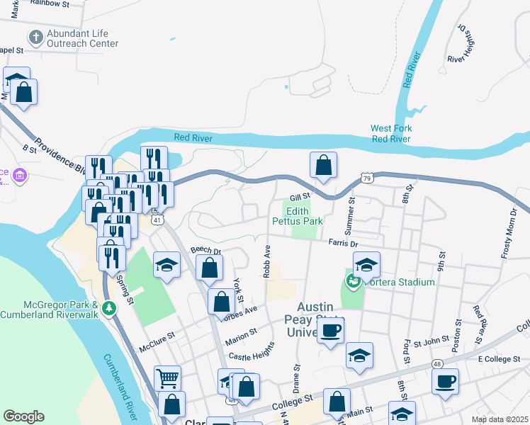 map of restaurants, bars, coffee shops, grocery stores, and more near 231 Polk Street in Clarksville