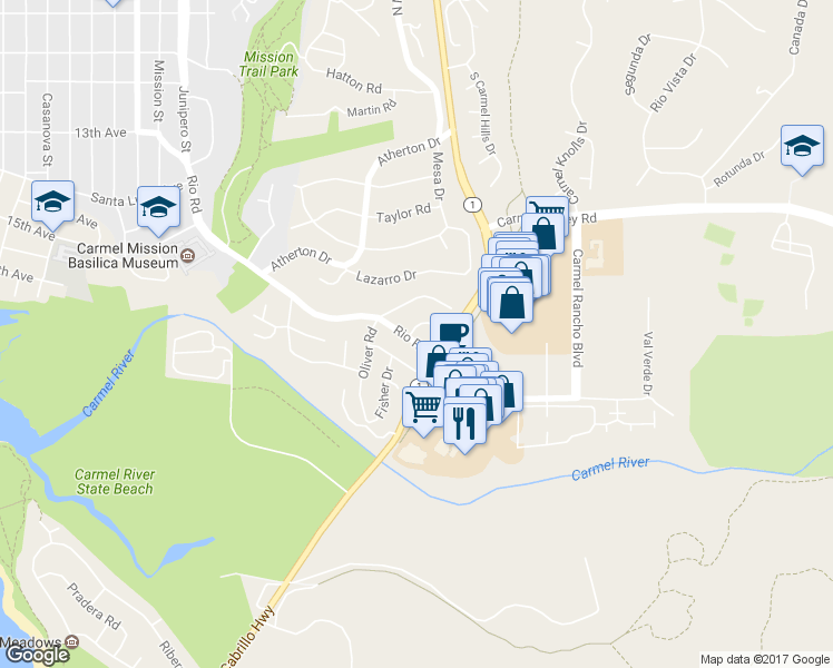 map of restaurants, bars, coffee shops, grocery stores, and more near 26437 Birch Place in Carmel-by-the-Sea