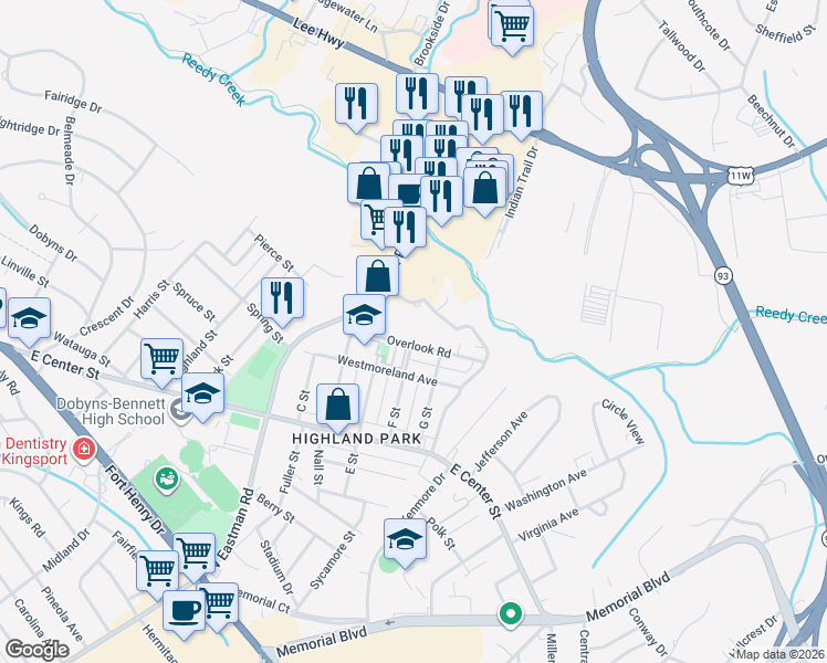 map of restaurants, bars, coffee shops, grocery stores, and more near 2320 Overlook Road in Kingsport