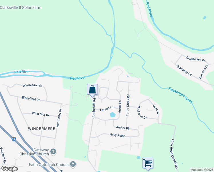 map of restaurants, bars, coffee shops, grocery stores, and more near 3129 Whitetail Drive in Clarksville