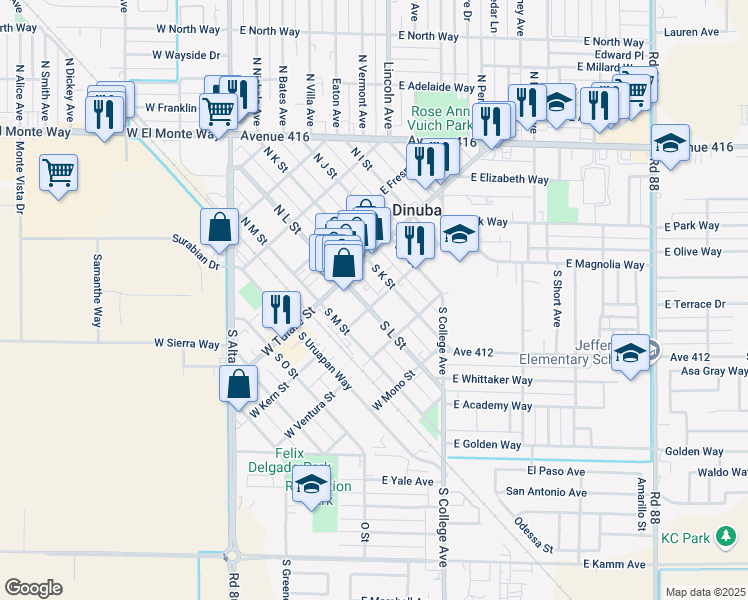 map of restaurants, bars, coffee shops, grocery stores, and more near 181 South L Street in Dinuba