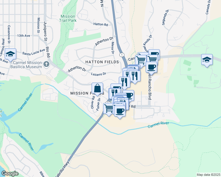 map of restaurants, bars, coffee shops, grocery stores, and more near 26437 Birch Place in Carmel-by-the-Sea