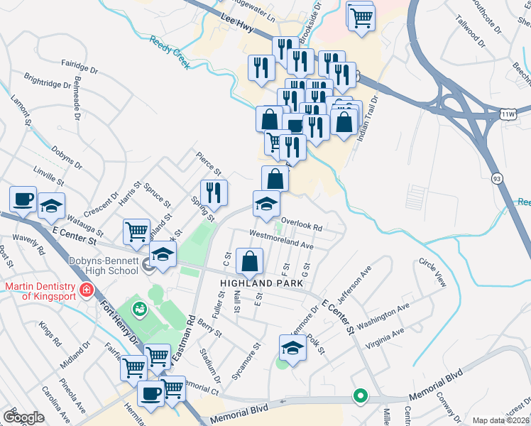 map of restaurants, bars, coffee shops, grocery stores, and more near 2208 Overlook Rd in Kingsport