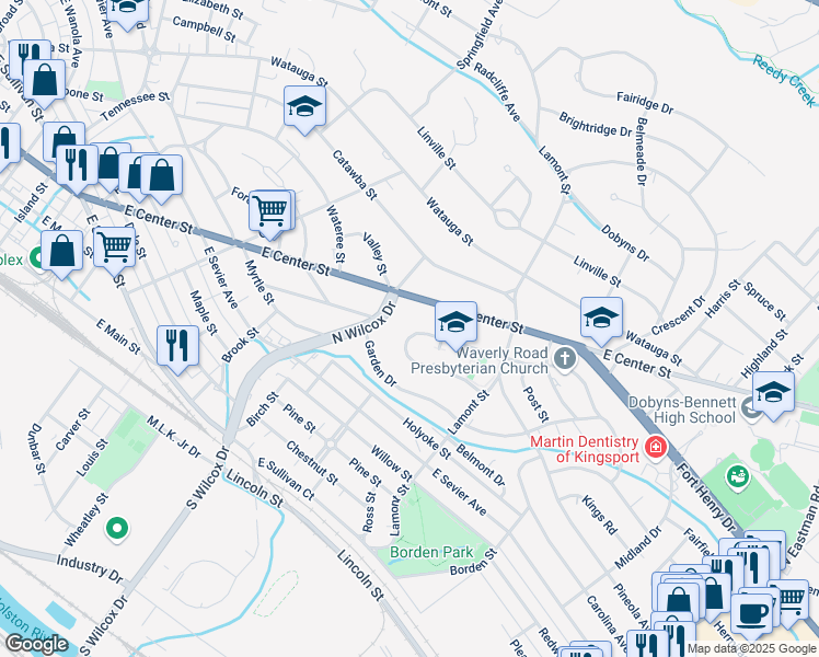 map of restaurants, bars, coffee shops, grocery stores, and more near 1228 Morningside Circle in Kingsport