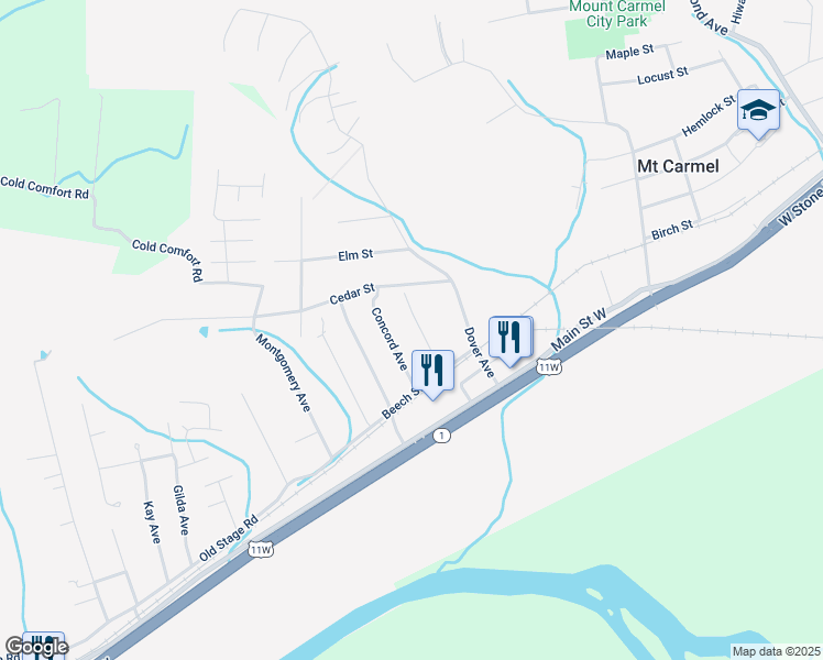 map of restaurants, bars, coffee shops, grocery stores, and more near 221 Marshall Avenue in Mount Carmel