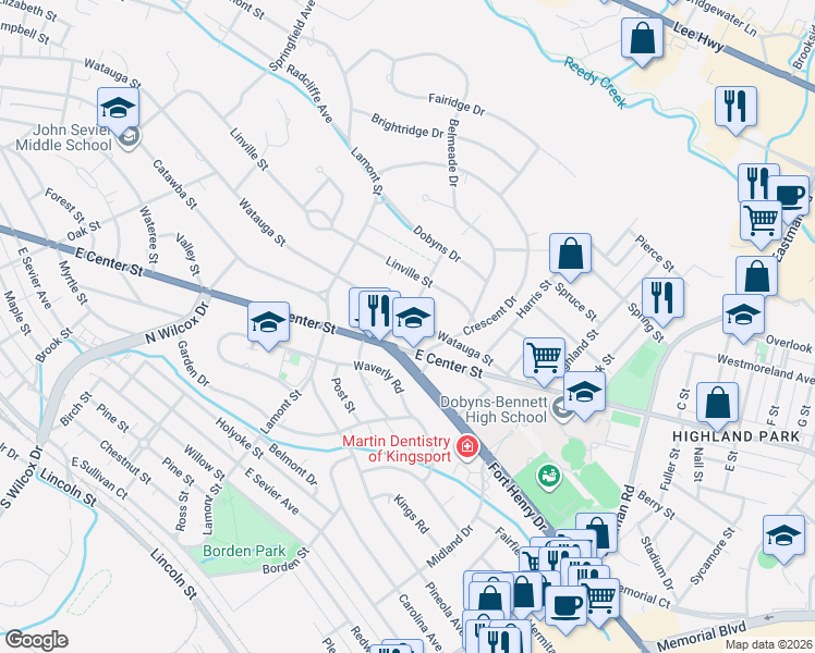 map of restaurants, bars, coffee shops, grocery stores, and more near 1474 East Center Street in Kingsport