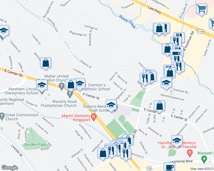 map of restaurants, bars, coffee shops, grocery stores, and more near 1602 Aaron Way in Kingsport