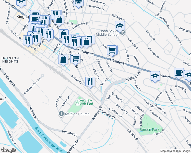 map of restaurants, bars, coffee shops, grocery stores, and more near 950 Maple Street in Kingsport