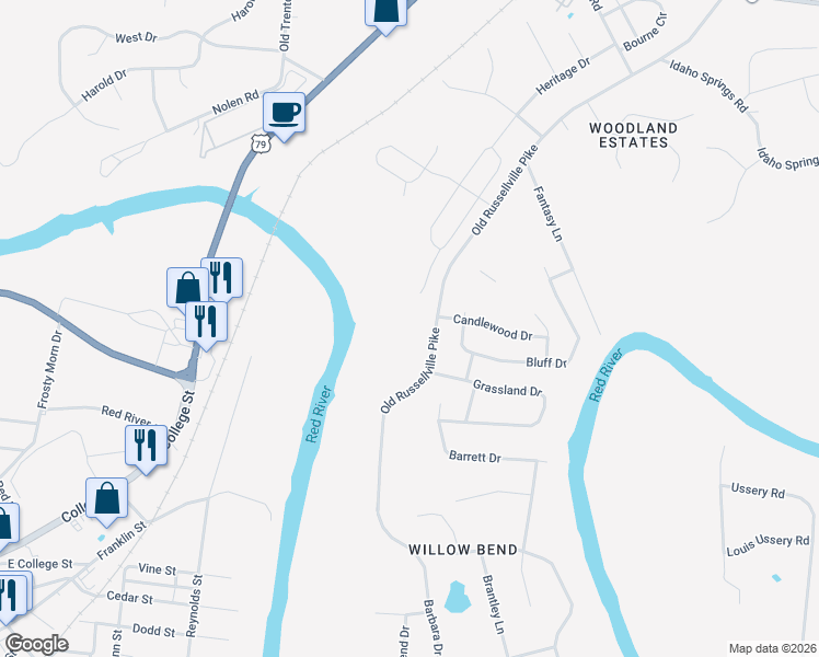 map of restaurants, bars, coffee shops, grocery stores, and more near 1604 Old Russellville Pike in Clarksville