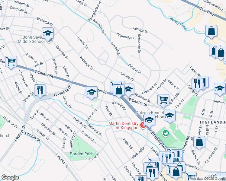 map of restaurants, bars, coffee shops, grocery stores, and more near 1438 East Center Street in Kingsport
