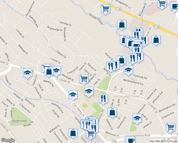 map of restaurants, bars, coffee shops, grocery stores, and more near 1634 Vance Street in Kingsport