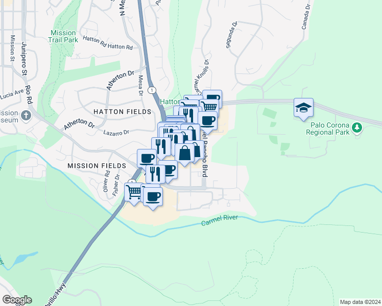 map of restaurants, bars, coffee shops, grocery stores, and more near 26135 Carmel Rancho Lane in Carmel-by-the-Sea