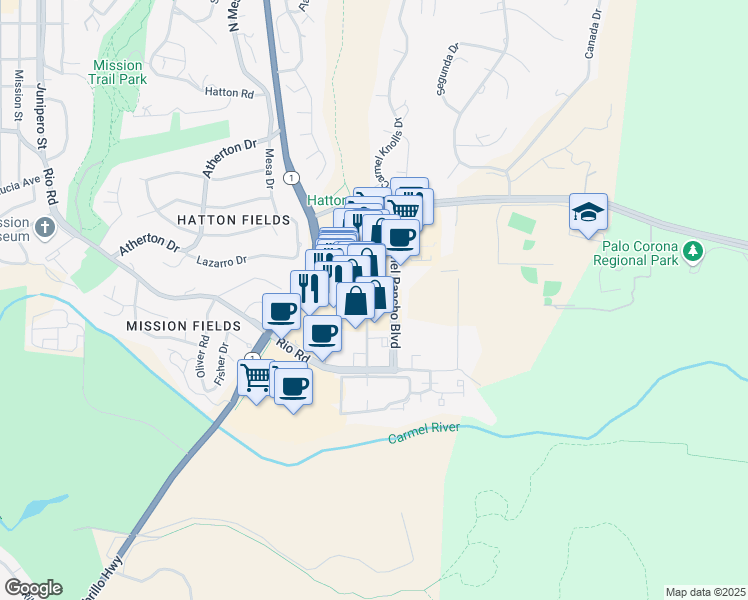 map of restaurants, bars, coffee shops, grocery stores, and more near 26135 Carmel Rancho Lane in Carmel-by-the-Sea