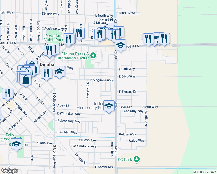 map of restaurants, bars, coffee shops, grocery stores, and more near 762 South Milsap Avenue in Dinuba